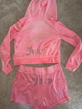 Juicy Couture Pink Rhinestone Velour Hoodie & Shorts Set